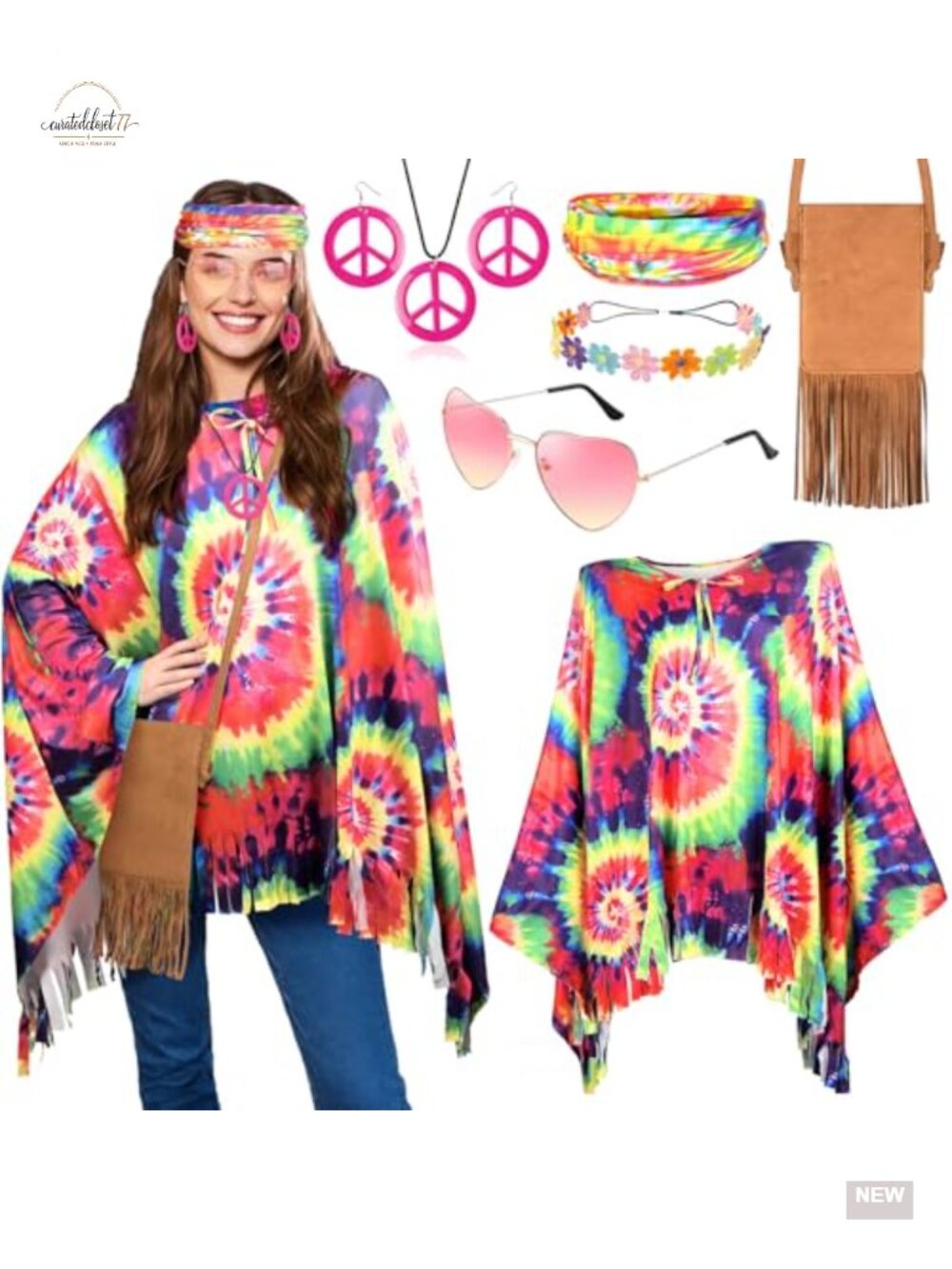 MOVINPE 70s Hippie Costume Set Tie Dye Poncho Fringe Crossbody Bag Flower Crown